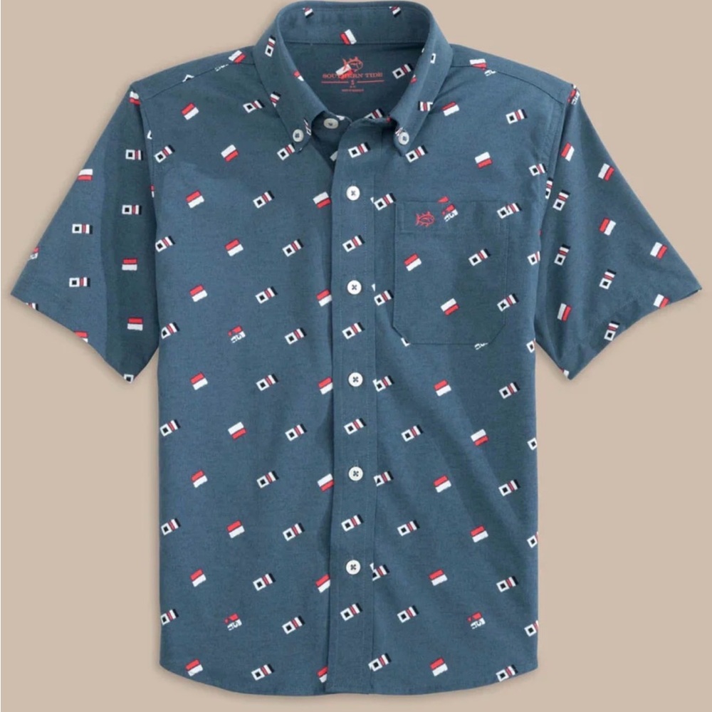 Southern Tide Boys Nautical Patterned Short Sleeve Button Down Performance Shirt